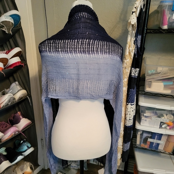 Two-Tone Blue Knit Lightweight Wrap with Crystals & Fringe, One Size - Picture 2 of 3